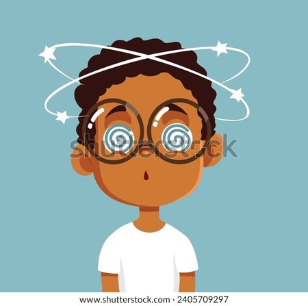 
Dizzy Child Suffering Vertigo Symptoms While Nauseated Vector Character. Kid suffering from motion sickness having blurry vision 
