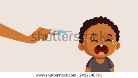 
Mother Using a Thermometer on Feverish Baby Crying Vector Medical Illustration. Unhappy sick child feeling unwell burning up with fever 
