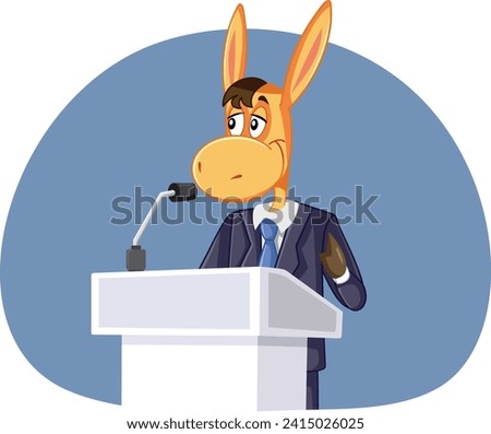 
Donkey Speaking on a Podium Vector Cartoon Character. Lying politician giving a presentation from the tribune at press conference
