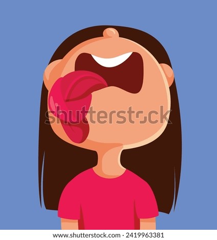 
Little Girl with Tied Tongue Vector Cartoon Illustration. conceptual image of a Child having difficulties to talk 
