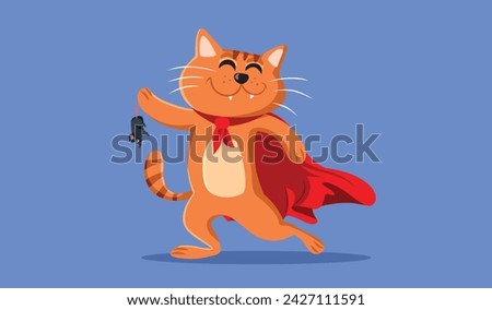 
Superhero Cat Catching a House Mouse Vector Cartoon illustration. Brave proud tomcat holding his prey as trophy

