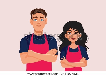 
Vector Supermarket Clerks Standing and Serving Customers with a Smile. Waiter and waitress standing proud doing his job 
