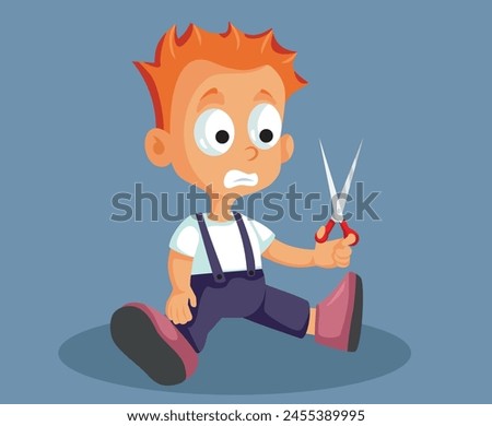 
Clumsy Toddler Using Scissors Unsupervised Vector Cartoon illustration. Child being at risk playing with sharp objects at home
