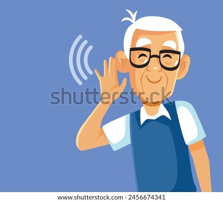 
Elderly Man Using Hearing Aid Vector Medical illustration. Grandpa with good hearing having no problems with aging 
