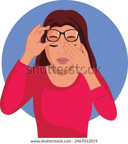 
Woman Rubbing her Eyes Lifting Eyeglasses Vector Illustration. Eye-care patient feeling tired and exhausted 
