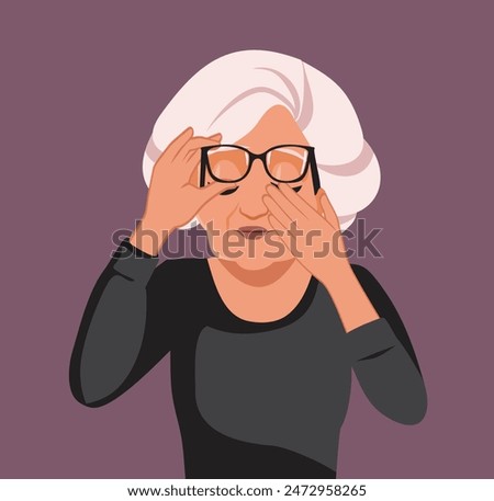
Elderly Woman Rubbing Her Eyes Vector Cartoon Illustration. Unhappy elderly patient having blurry vision problems 
