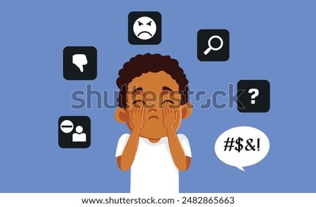 
Unhappy Child Suffering from Online Bullying Vector Illustration. Stressed kid being anxious having problems on the social media 
