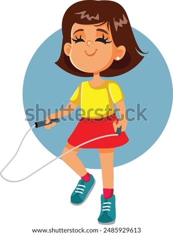 
Little Girl Jumping Rope Playing by Herself Vector Isolated Character. Child rope skipping feeling energetic and happy 
