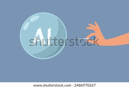 
Hand Bursting AI Tech Bubble Vector Concept Illustration. Prediction of end tech hype of a controversial over promise 
