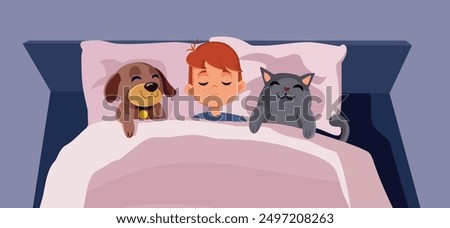 
Funny Boy Sleeping with His Dog and Cat Vector Illustration. Kid falling asleep next to his domestic animals bonding sharing a bed
