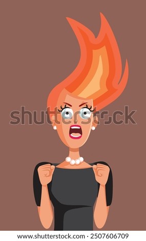 
Woman with Hair on Fire Funny Vector Character. Lady in an outburst of anger yelling feeling stressed out 
