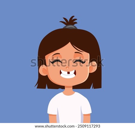 
Funny Girl Smiling Missing One Tooth Vector Cartoon. Child losing her primary teeth having a gap when opening mouth 
