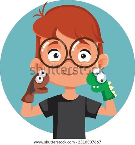 
Boy with Sock Puppets Entertaining in his Show Vector Cartoon. Cheerful student having to tell a story with theater props 
