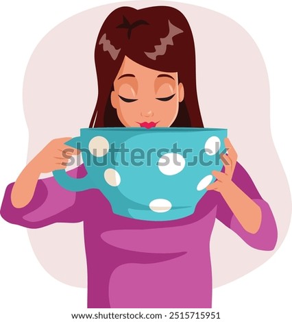 
Woman Holding a Large Cup of Coffee Sipping from it Vector Cartoon. Cheerful coffee lover having their caffeine morning fix 
