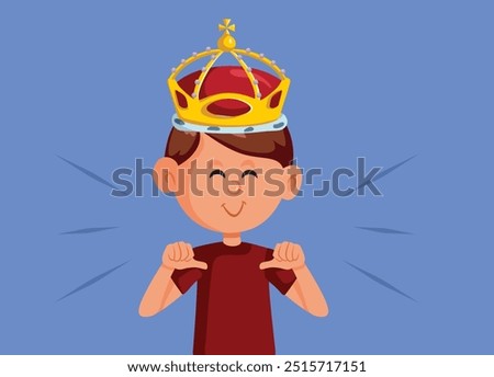 
Egotistic Child Wearing a Crown Pointing to Himself Vector Illustration. Entitled boy being narcissistic and privileged 
