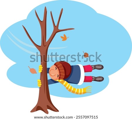 
Person Clinging to a Tree in Windy Tempest Storm Weather Vector Illustration. Man in danger during a super storm cause by climate change 
