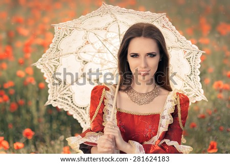 Beautiful Princess with Umbrella in Summer Floral Landscape  - Portrait of a happy beautiful queen in red royal dress with white parasol