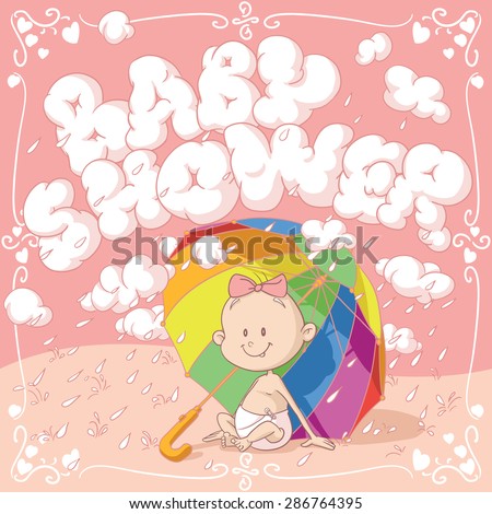 Baby Shower Vector Cartoon Invitation - Vector cartoon of a funny baby girl under an umbrella