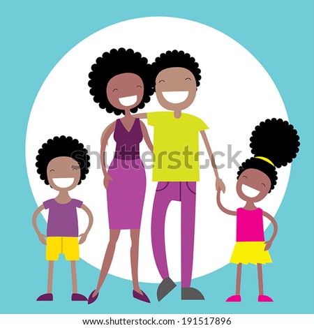 Happy African American family of four members: parents,their son and daughter. Lovely cartoon characters.Vector illustration