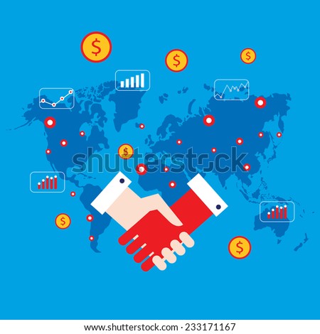 Handshake and money icons on world map background Successful business concept