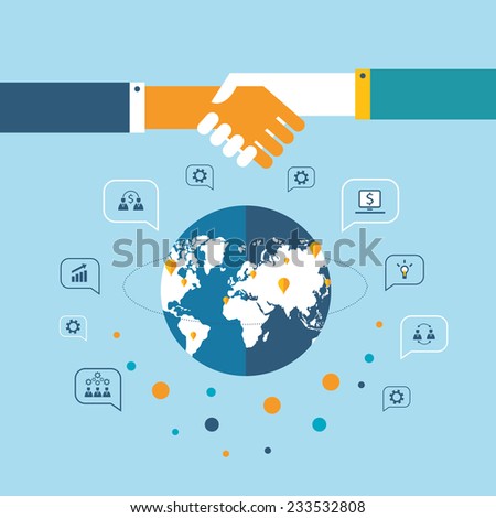 Handshake and business icons for web on world map background Successful business concept