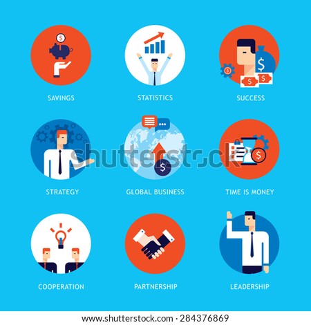 Successful business people Partnership flat icon set Happy businessman infographics