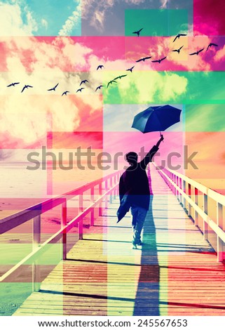 Young man walking on the pier with umbrella and bird flying above,colorful happy abstract background