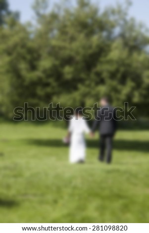 bride and groom walking on green grass,abstract blurred wedding background,love and marriage background