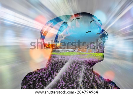 dj with sunglasses and headphones,double exposure ,bokeh and rays,party night concept