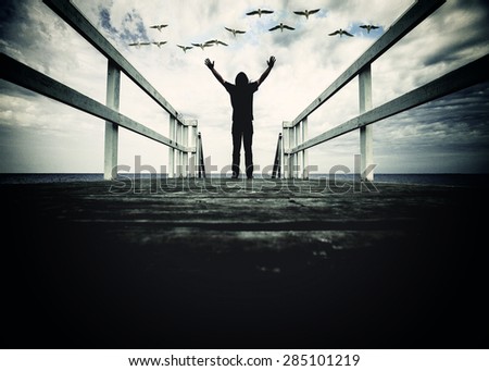 man standing on the edge of pier with hand open wide,birds flying above,freedom concept,inspiration and joy