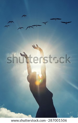 woman silhouette  with hand open wide and birds flying above,sun rays ,sun greeting ,freedom and joy,liberty and freedom for woman