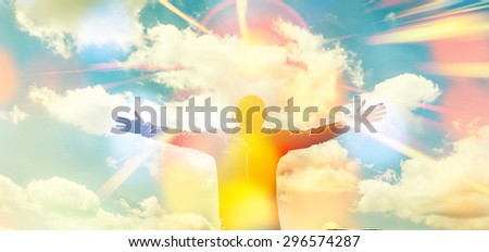 man with hands wide open in front of beautiful landscape,with sun rays ,happy and joy ,enjoying life,Successful Man