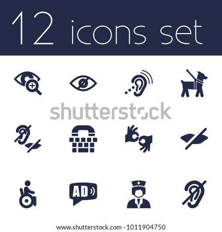 Set of 12 accessibility icons set. Collection of low vision, sign language, mute and other elements.