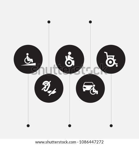 Set of 5 accessibility icons set. Collection of car, springboard, wheelchair and other elements.
