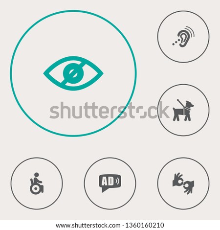 Set of 6 accessibility icons set. Collection of guide dog, no looking, assistive technology and other elements.