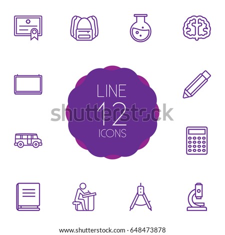 Set Of 12 Science Outline Icons Set.Collection Of Test Tube, Microscope, Compass And Other Elements.