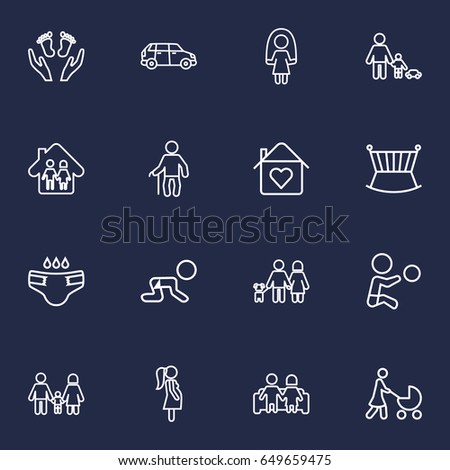 Set Of 16 People Outline Icons Set.Collection Of Pregnant Woman, Stroller, Diaper And Other Elements.