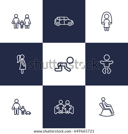 Set Of 9 Relatives Outline Icons Set.Collection Of Family, Skipping Rope, Pregnant Woman And Other Elements.
