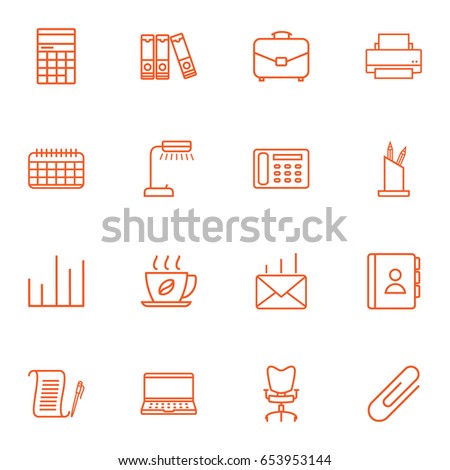 Set Of 16 Cabinet Outline Icons Set.Collection Of Reading-Lamp, Printing Machine, Document Case And Other Elements.