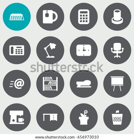 Set Of 16 Bureau Icons Set.Collection Of Airchair, Illuminator, Blackboard And Other Elements.