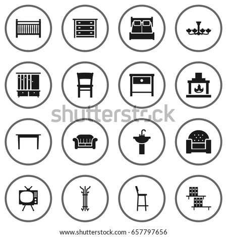 Set Of 16 Set Icons Set.Collection Of Couch, Cot, Chimney And Other Elements.