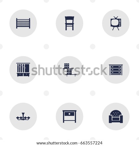 Set Of 9 Decor Icons Set.Collection Of Wardrobe, Luster, Cot And Other Elements.