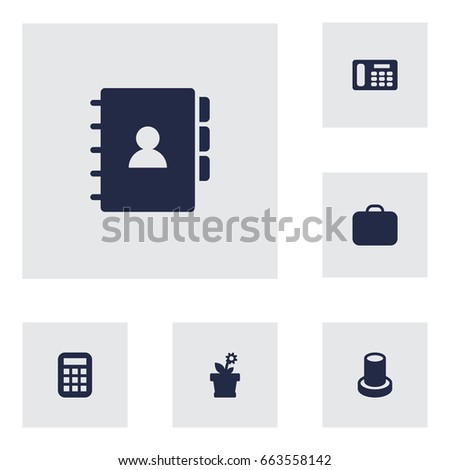 Set Of 6 Bureau Icons Set.Collection Of Case, Calculate, Book And Other Elements.