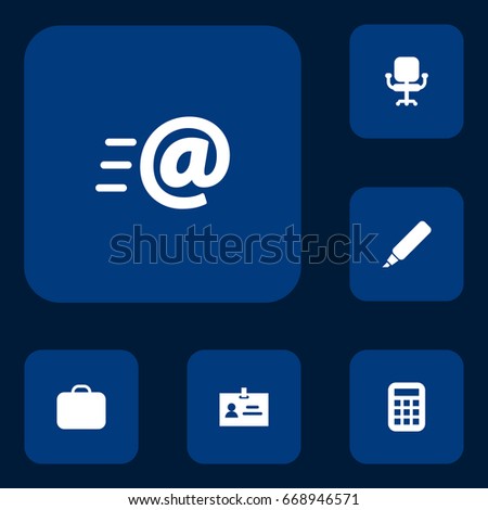Set Of 6 Office Icons Set.Collection Of Airchair, Label, Message And Other Elements.