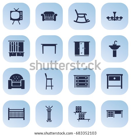 Set Of 16 Decor Icons Set.Collection Of Wardrobe, Cot, Desk And Other Elements.