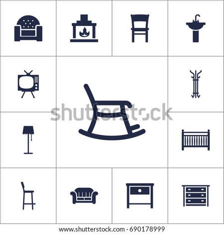 Set Of 13 Set Icons Set.Collection Of Cot, Chair, Rocking Furniture And Other Elements.