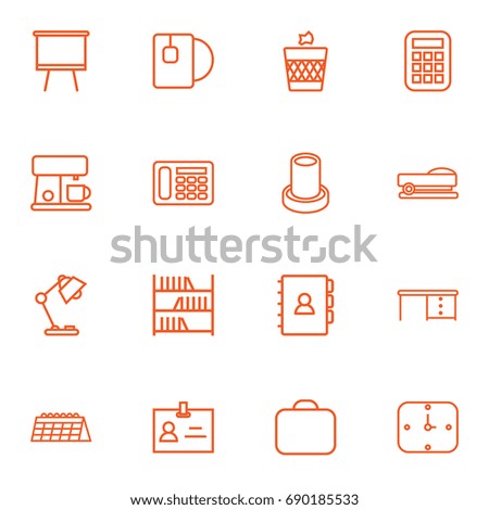 Set Of 16 Bureau Outline Icons Set.Collection Of Pencil, Wall Clock, Coffee Maker And Other Elements.