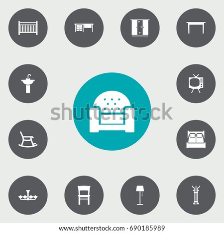 Set Of 13 Set Icons Set.Collection Of Cot, Sofa, Desk And Other Elements.