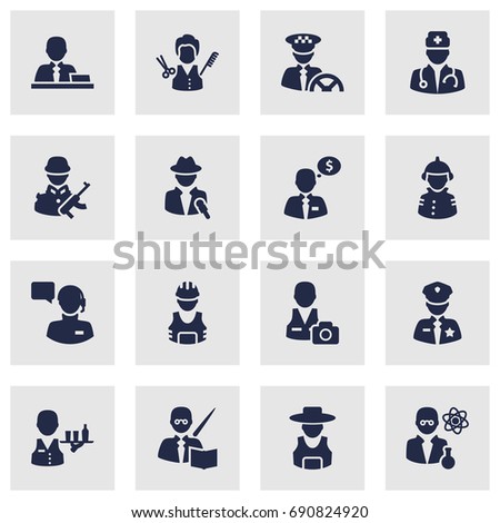 Set Of 16 Position Icons Set.Collection Of Medic, Working, Leaner And Other Elements.