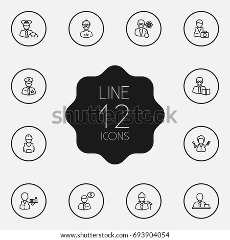 Set Of 12 Professions Outline Icons Set.Collection Of Teacher, Programmer, Photographer And Other Elements.